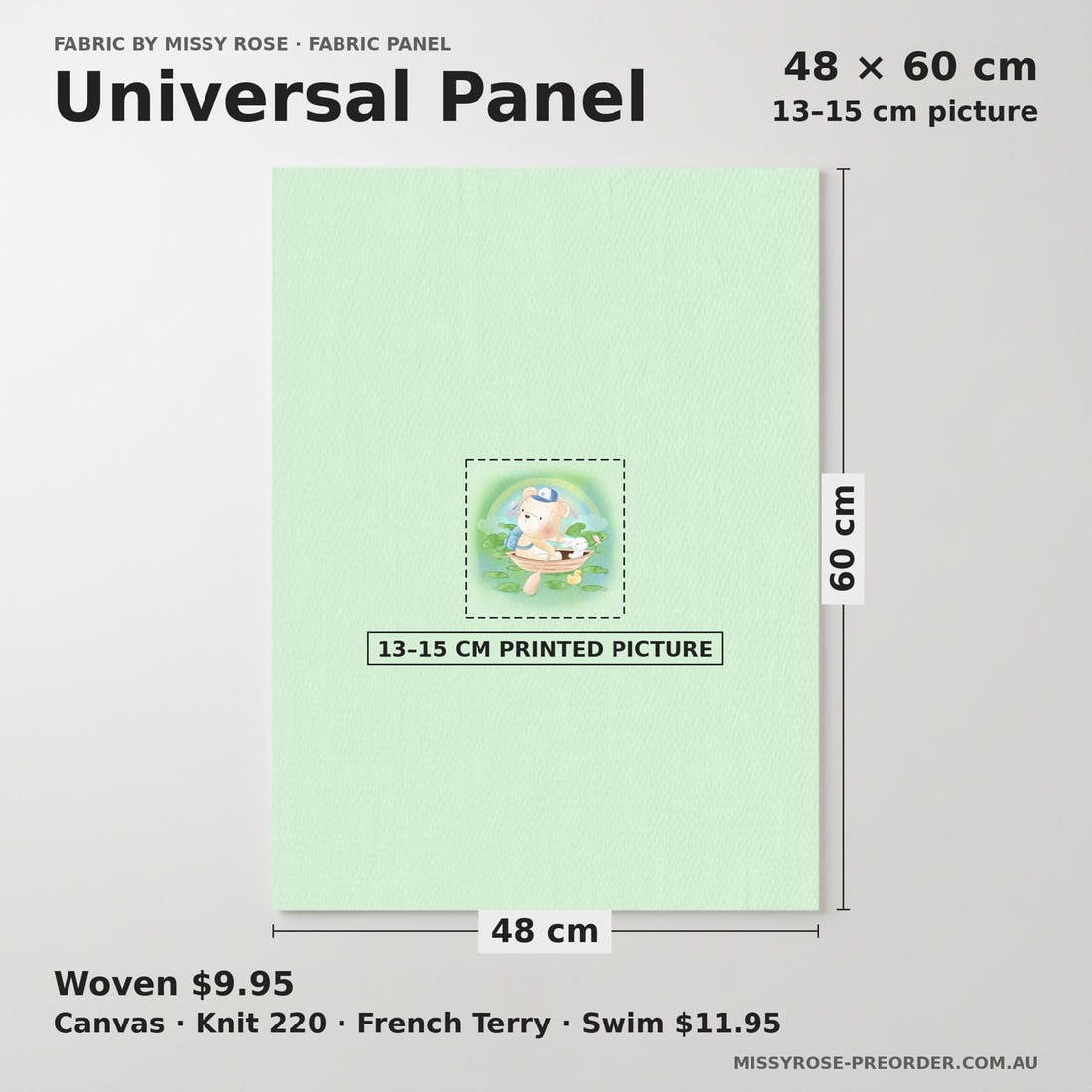Design 187 Green Teddy Bear Panel universal panel sizing – 13–15 cm printed picture on 48 × 60 cm fabric | Fabric by Missy Rose