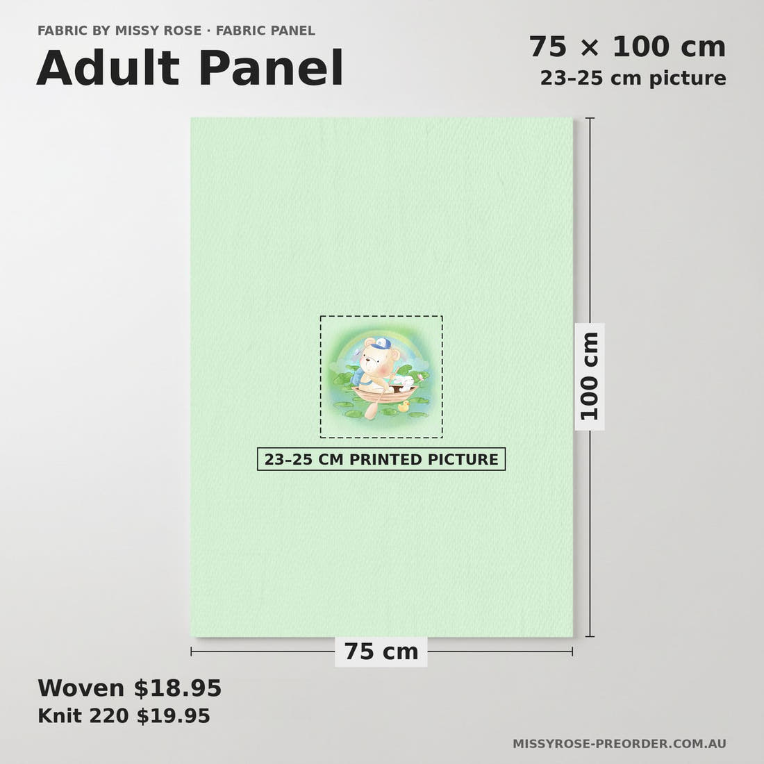 Design 187 Green Teddy Bear Panel adult panel sizing – 23–25 cm printed picture on 75 × 100 cm fabric | Fabric by Missy Rose