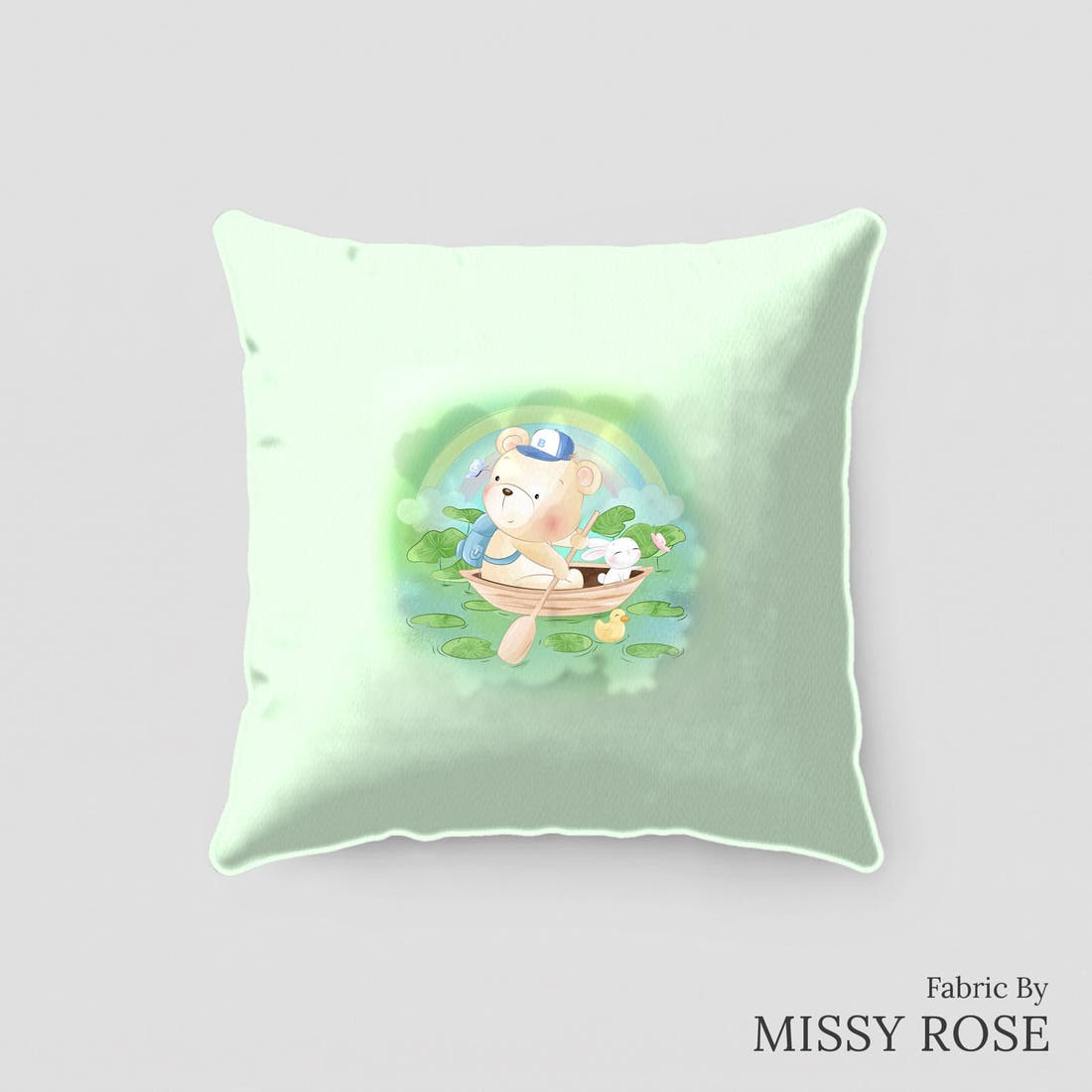 Design 187 Green Teddy Bear Panel sewn into a cushion – see how the panel looks made up | Fabric by Missy Rose
