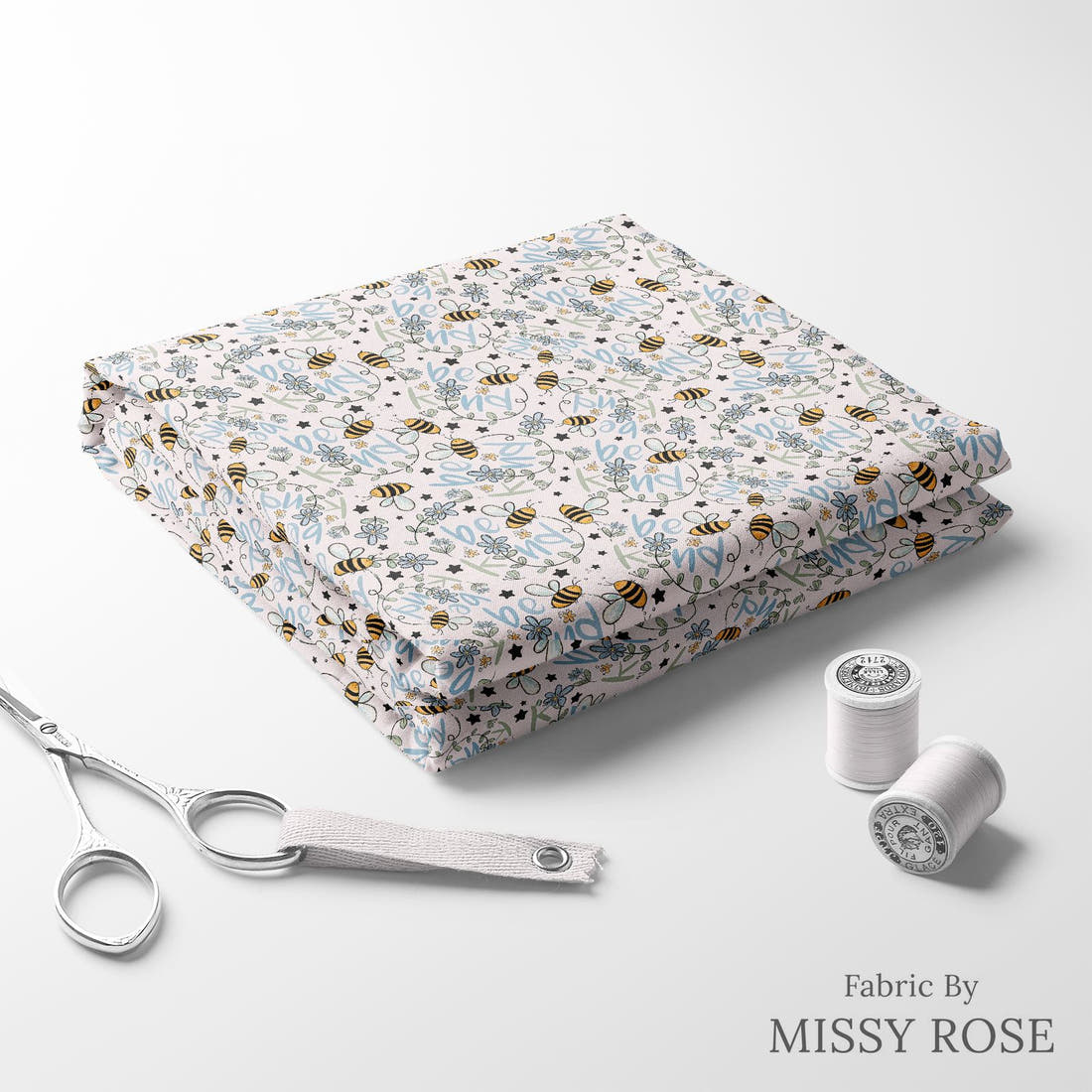 Design 188 Be Kind Fabric folded fabric stack with matching thread – pre-order fabric Australia | Fabric by Missy Rose