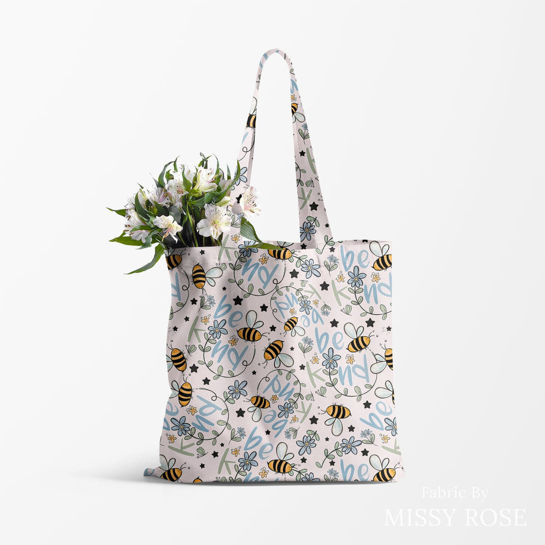 Design 188 Be Kind Fabric made up as a tote bag – see how the print looks made up | Fabric by Missy Rose