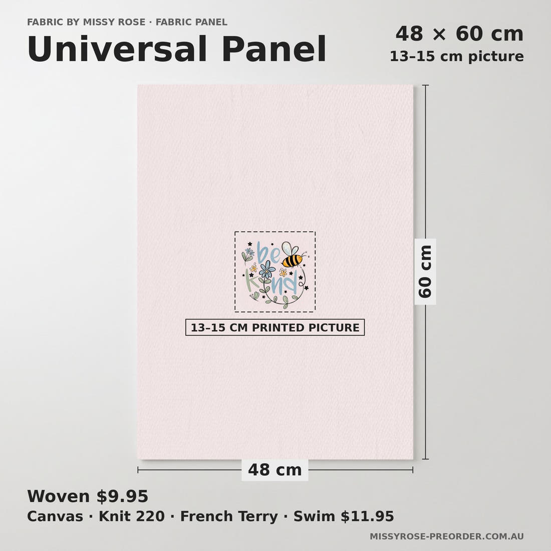 Design 188 Be Kind Panel universal panel sizing – 13–15 cm printed picture on 48 × 60 cm fabric | Fabric by Missy Rose