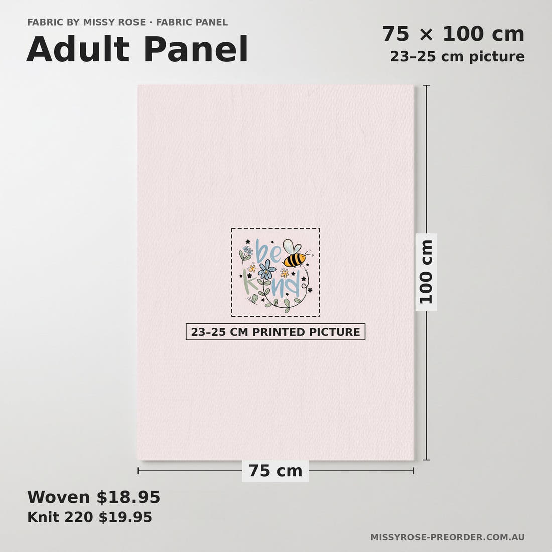 Design 188 Be Kind Panel adult panel sizing – 23–25 cm printed picture on 75 × 100 cm fabric | Fabric by Missy Rose