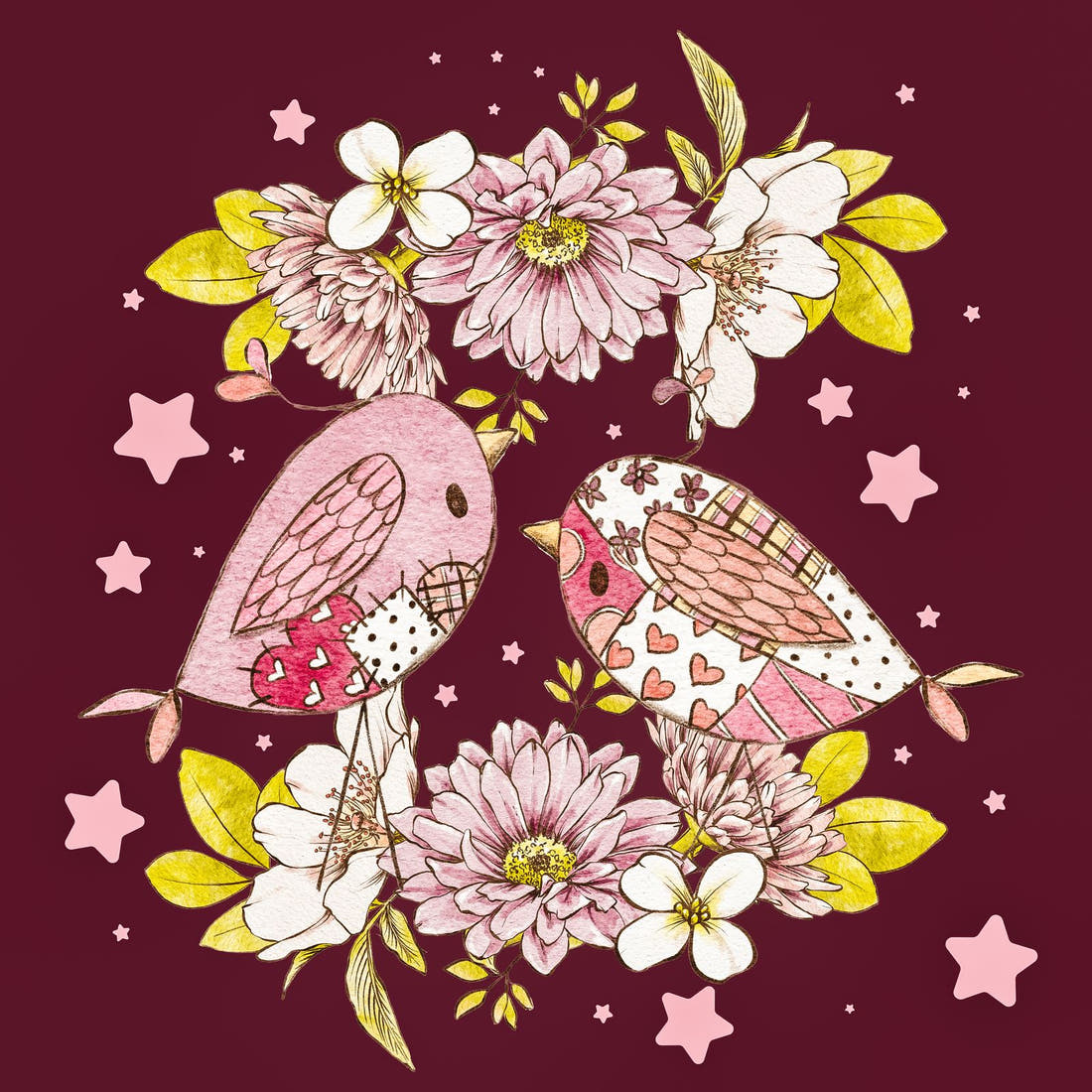 Design 189 Sweet Birds Panel – full artwork close-up of the printed picture | Fabric by Missy Rose
