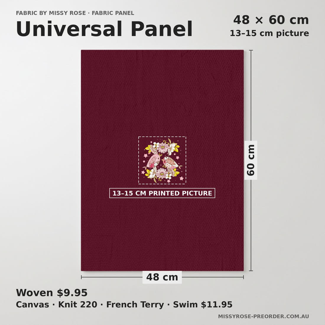 Design 189 Sweet Birds Panel universal panel sizing – 13–15 cm printed picture on 48 × 60 cm fabric | Fabric by Missy Rose