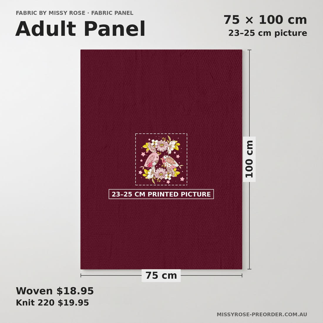 Design 189 Sweet Birds Panel adult panel sizing – 23–25 cm printed picture on 75 × 100 cm fabric | Fabric by Missy Rose