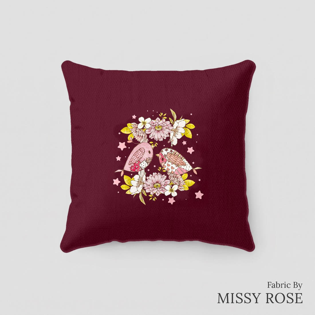 Design 189 Sweet Birds Panel sewn into a cushion – see how the panel looks made up | Fabric by Missy Rose