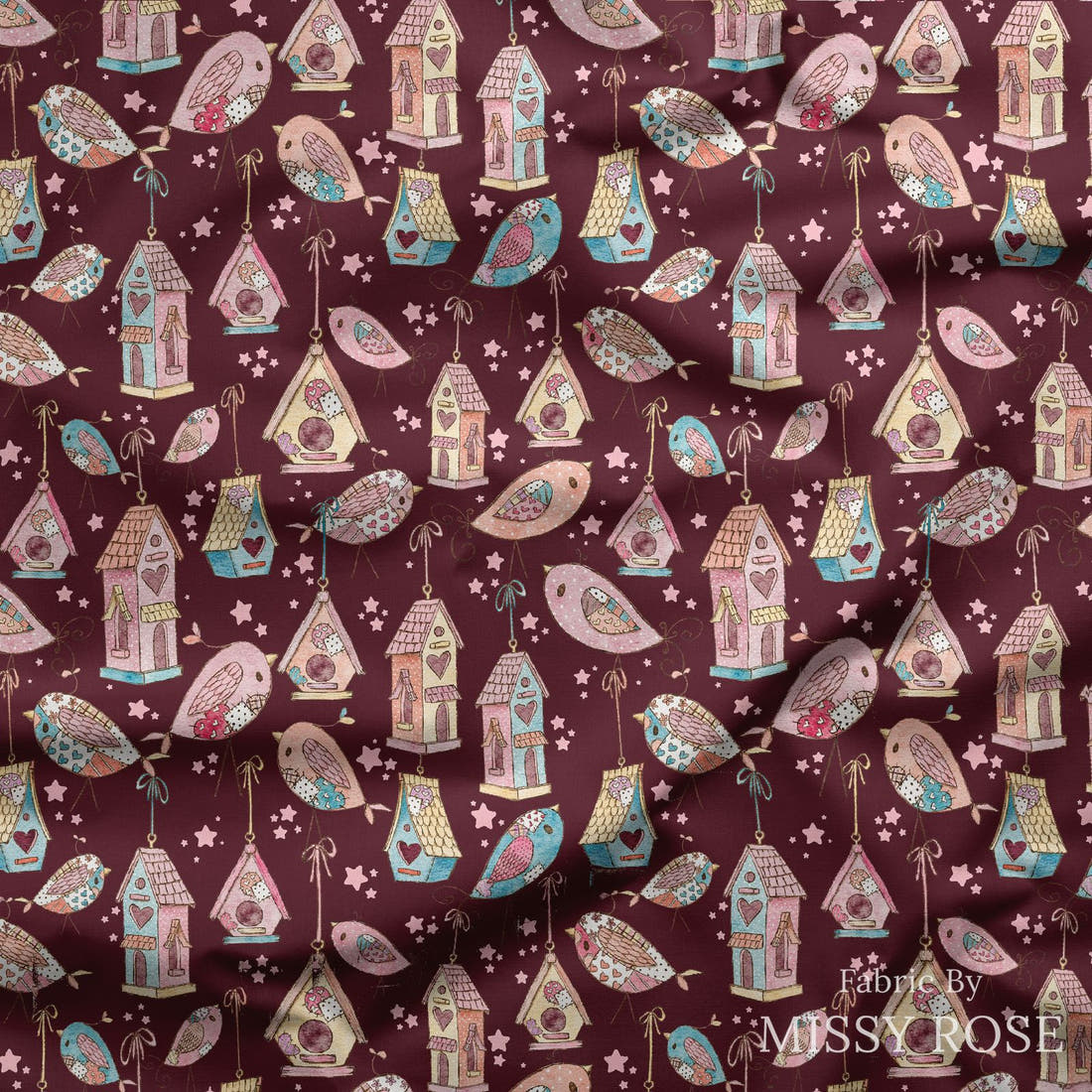 Design 189 Sweet Birds Fabric draped fabric mockup – custom printed fabric by the metre | Fabric by Missy Rose