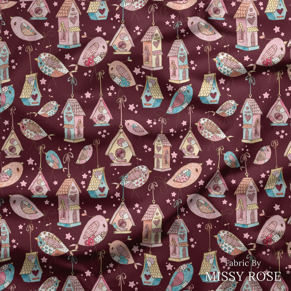 Design 189 Sweet Birds Fabric draped fabric mockup – custom printed fabric by the metre | Fabric by Missy Rose