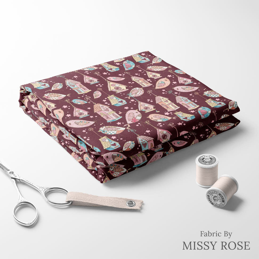 Design 189 Sweet Birds Fabric folded fabric stack with matching thread – pre-order fabric Australia | Fabric by Missy Rose