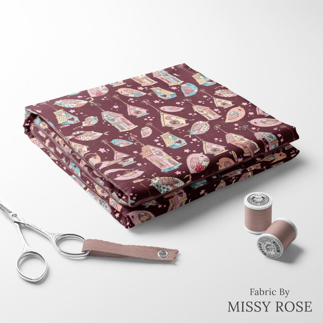 Design 189 Sweet Birds Fabric folded fabric stack with matching thread – pre-order fabric Australia | Fabric by Missy Rose