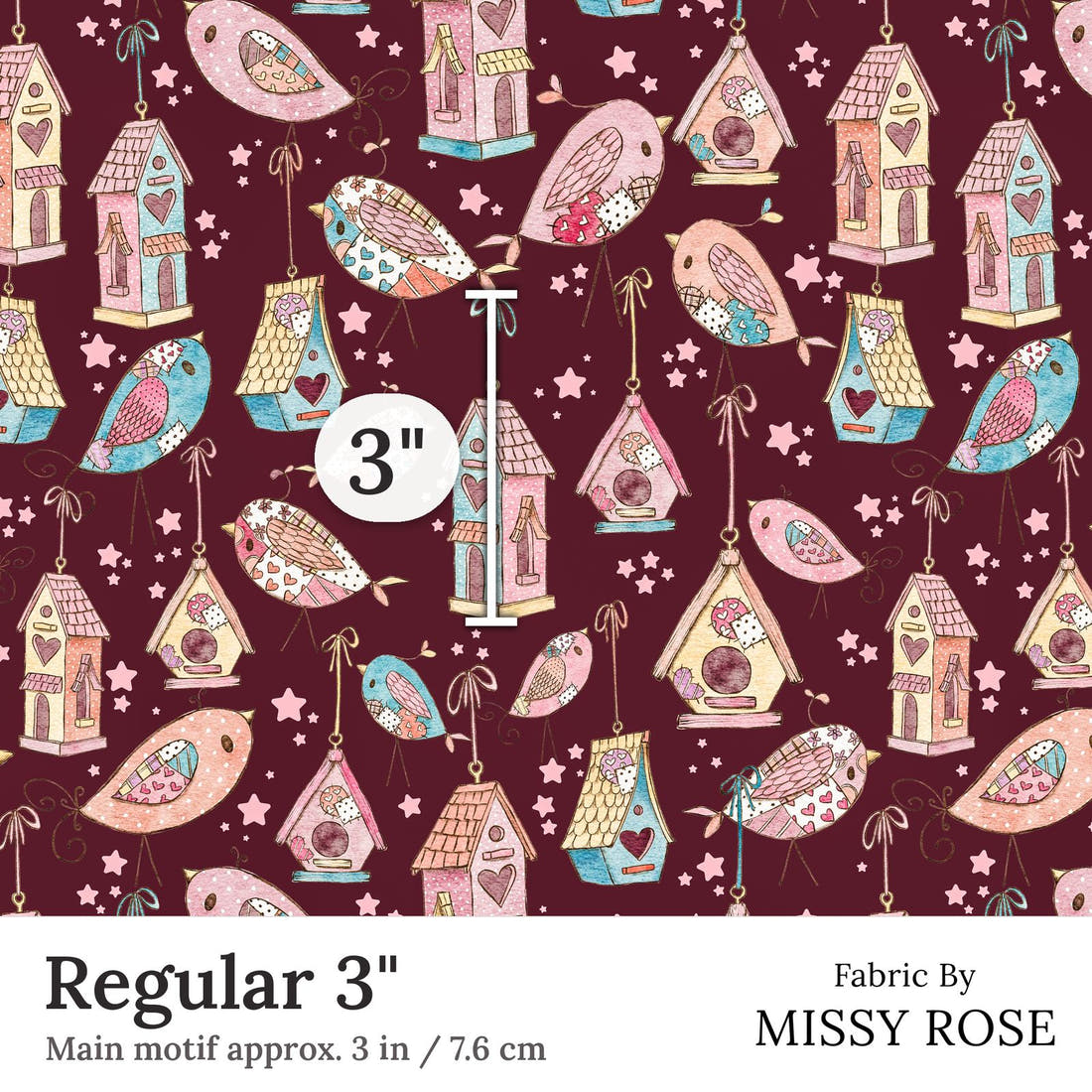 Design 189 Sweet Birds Fabric Regular 3 inch print scale guide | Fabric by Missy Rose