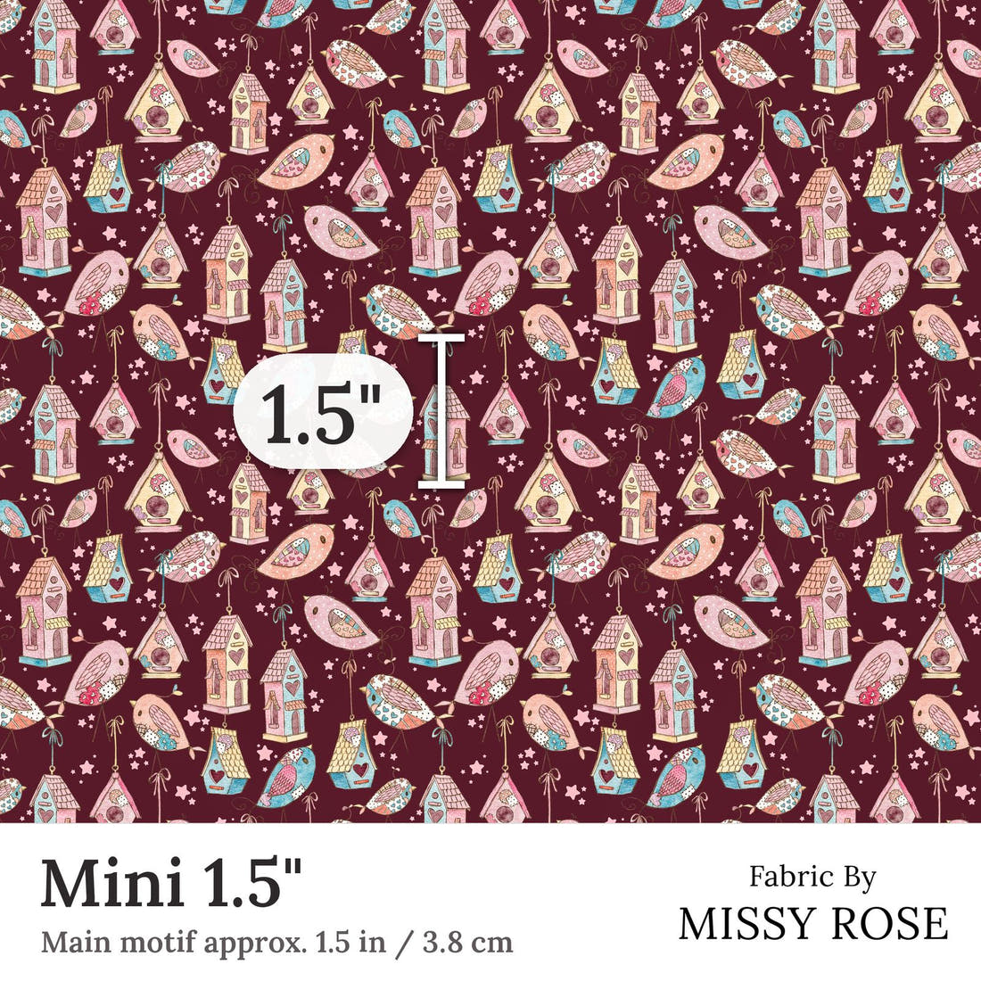 Design 189 Sweet Birds Fabric Mini 1.5 inch print scale guide | Fabric by Missy Rose