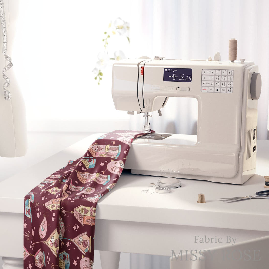 Design 189 Sweet Birds Fabric on a sewing machine – premium fabric for sewing projects | Fabric by Missy Rose
