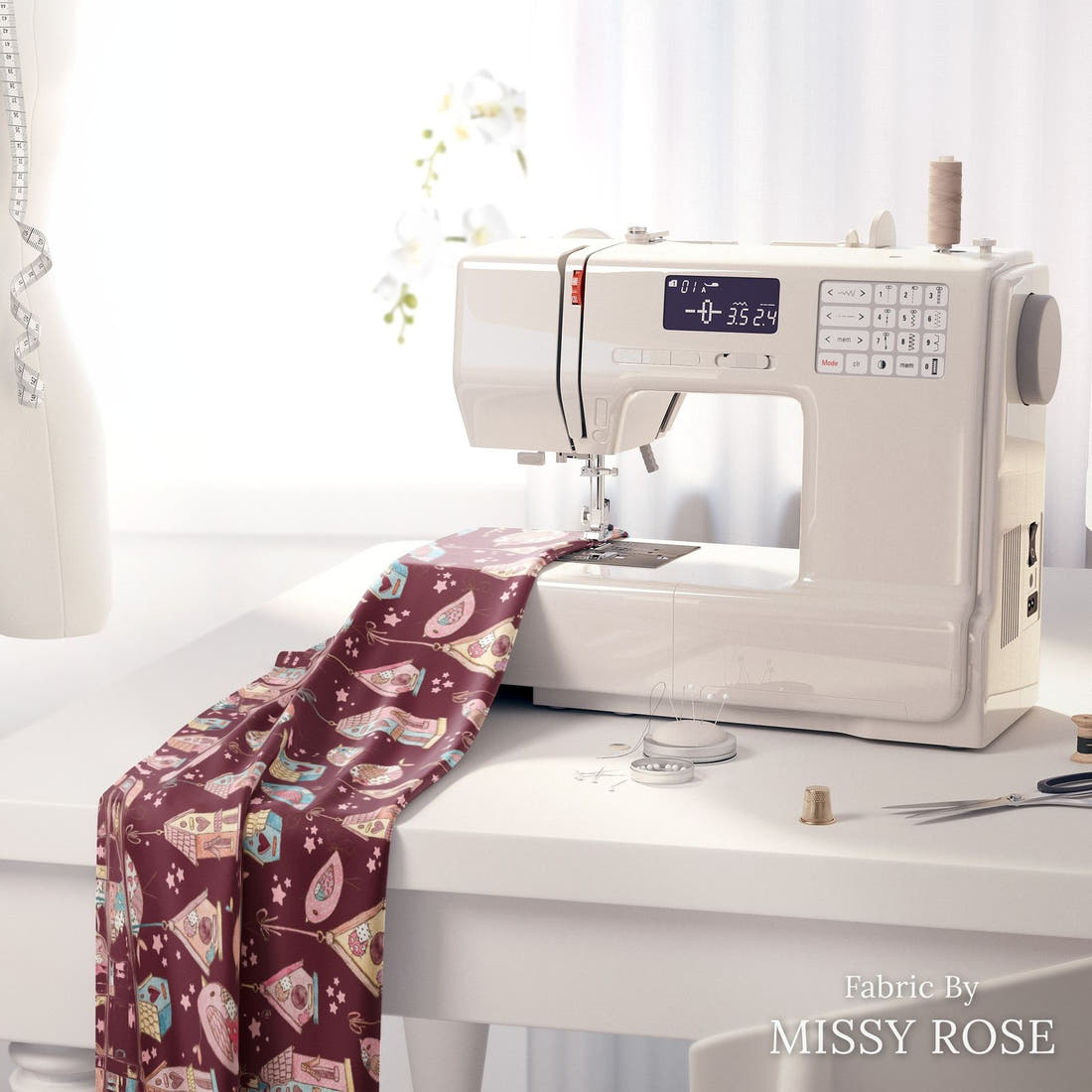 Design 189 Sweet Birds Fabric on a sewing machine – premium fabric for sewing projects | Fabric by Missy Rose