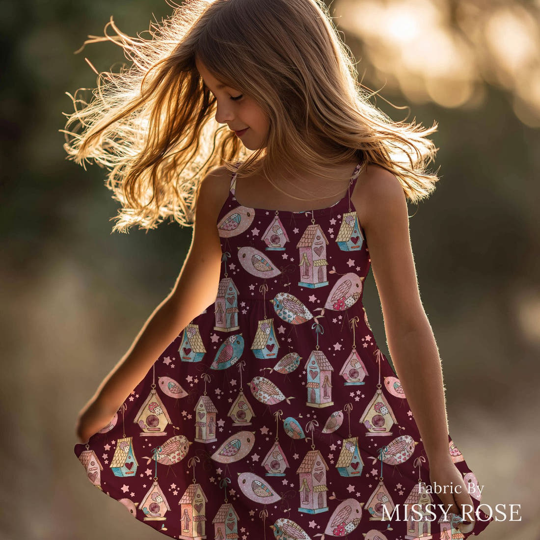 Design 189 Sweet Birds Fabric sewn into a girls' dress – see how the print looks made up | Fabric by Missy Rose