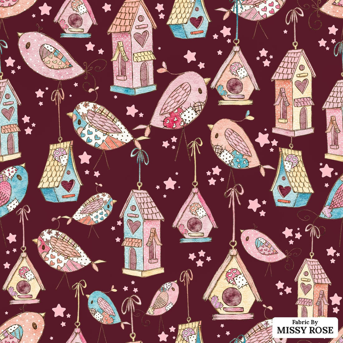 Design 189 Sweet Birds Fabric - flat view of the print, zoom in for detail | Fabric by Missy Rose