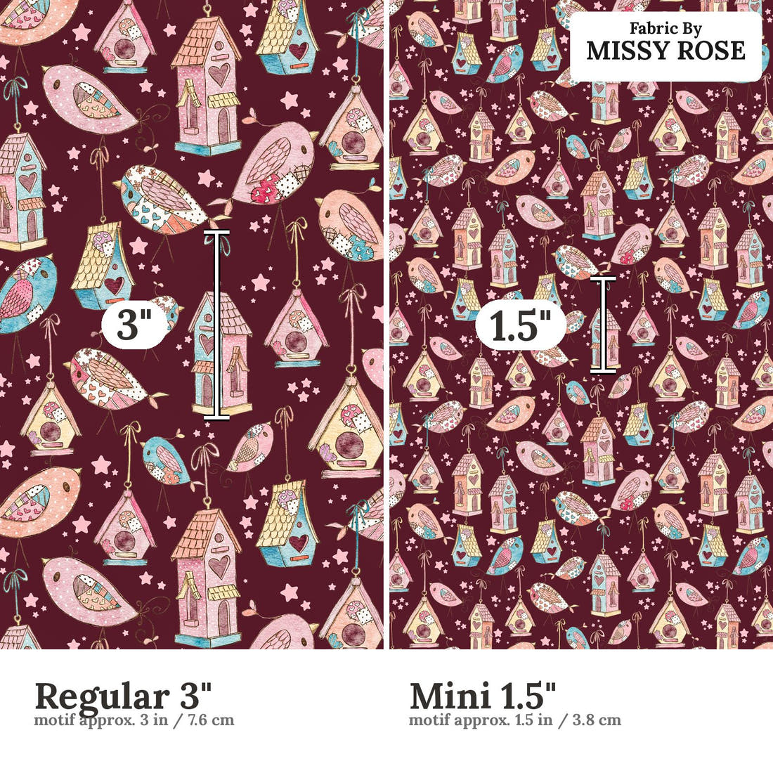 Design 189 Sweet Birds Fabric size comparison - print scale | Fabric by Missy Rose