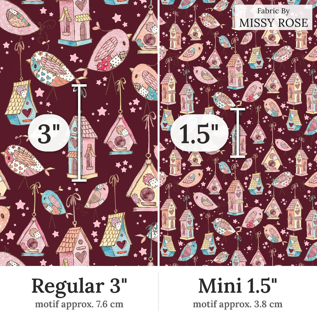 Design 189 Sweet Birds Fabric Regular 3 inch vs Mini 1.5 inch print scale side by side | Fabric by Missy Rose