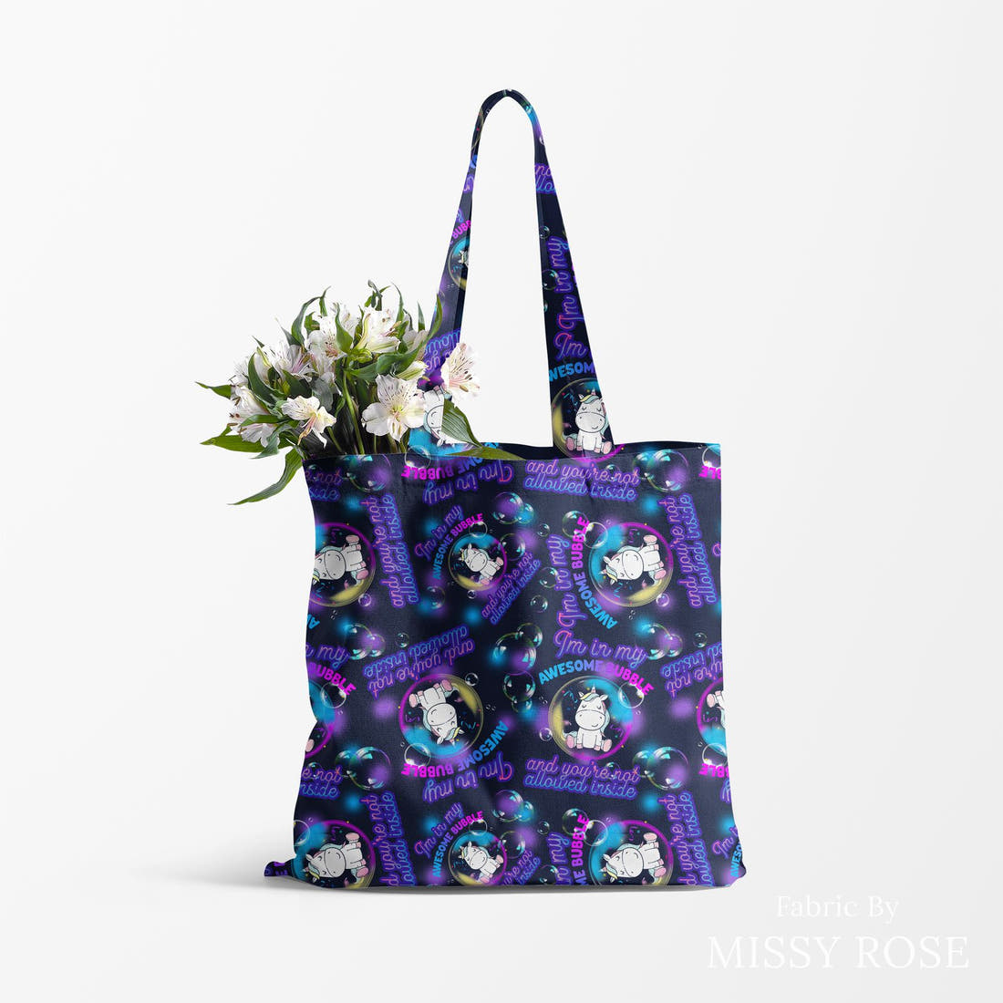 Design 19 Awesome Bubble Fabric made up as a tote bag – see how the print looks made up | Fabric by Missy Rose
