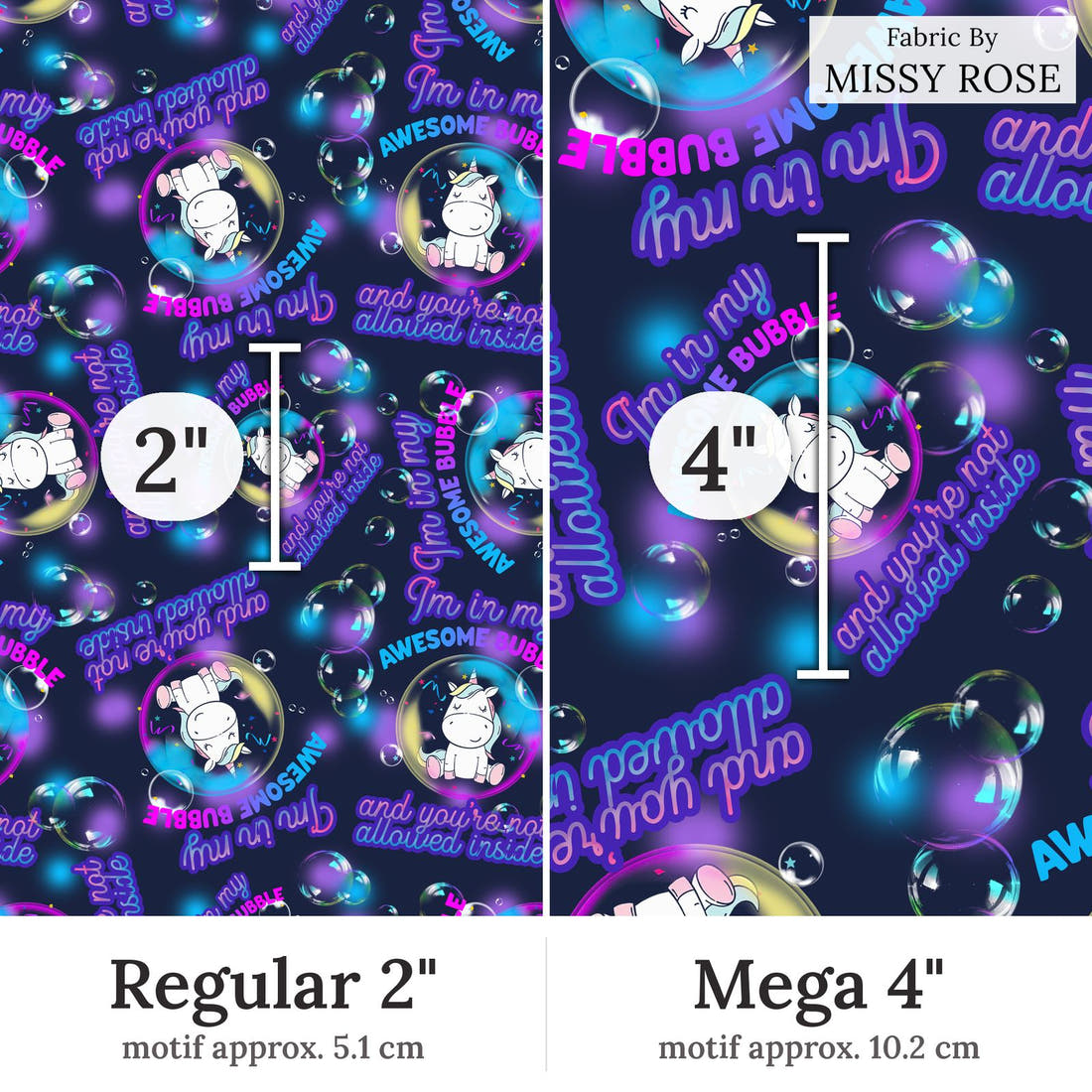 Design 19 Awesome Bubble Fabric Regular 2 inch vs Mega 4 inch print scale side by side | Fabric by Missy Rose