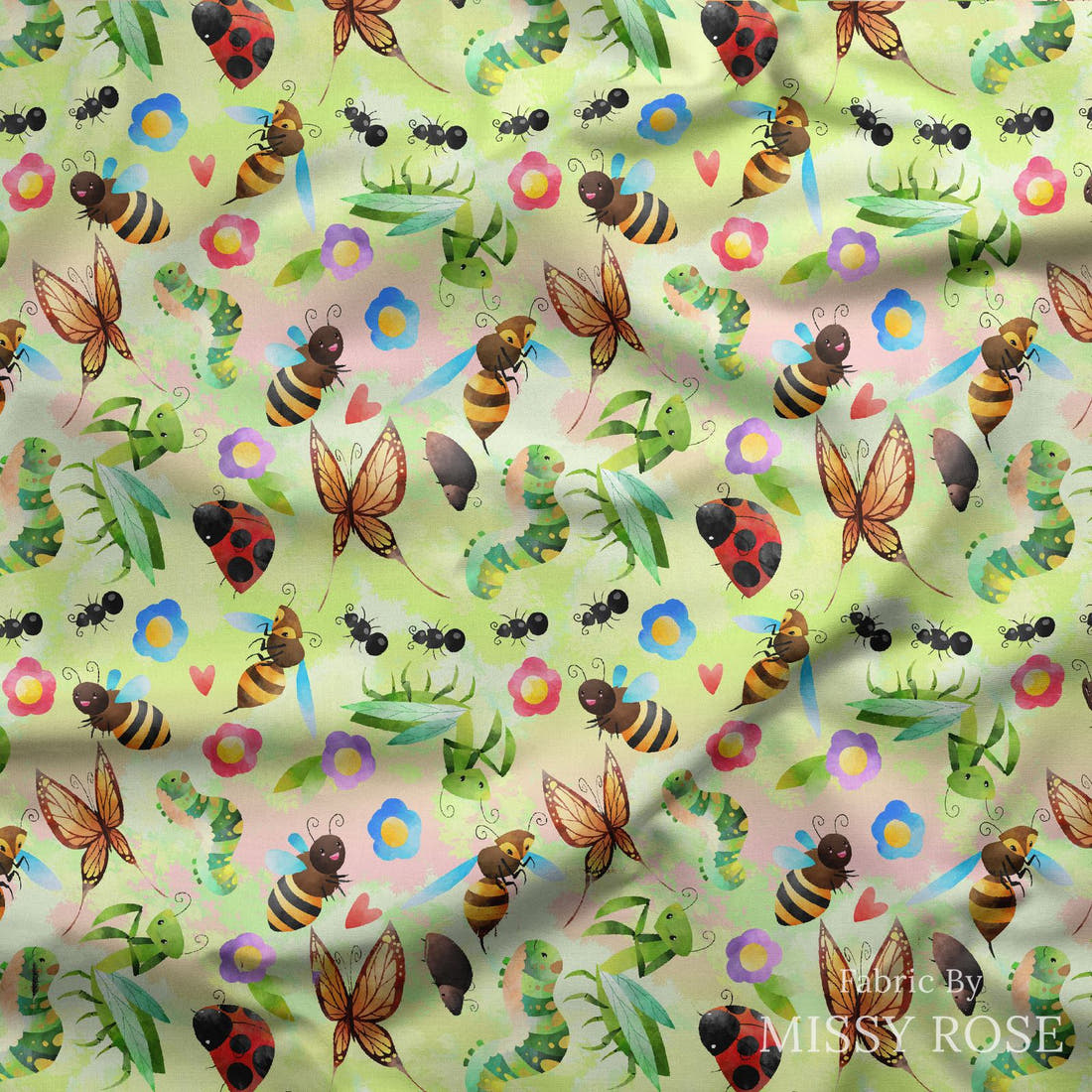 Design 190 Green Bugs Fabric draped fabric mockup – custom printed fabric by the metre | Fabric by Missy Rose