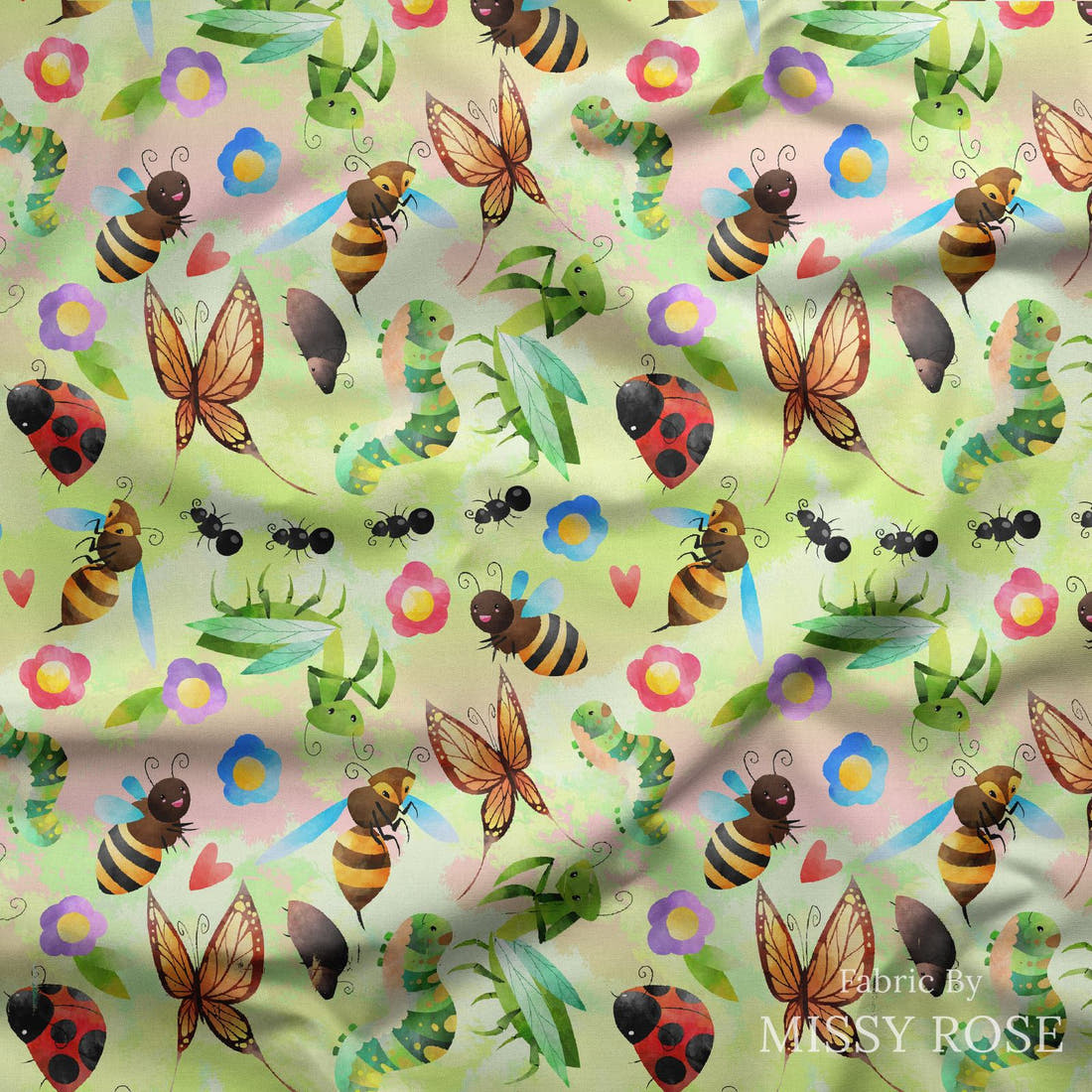 Design 190 Green Bugs Fabric draped fabric mockup – custom printed fabric by the metre | Fabric by Missy Rose