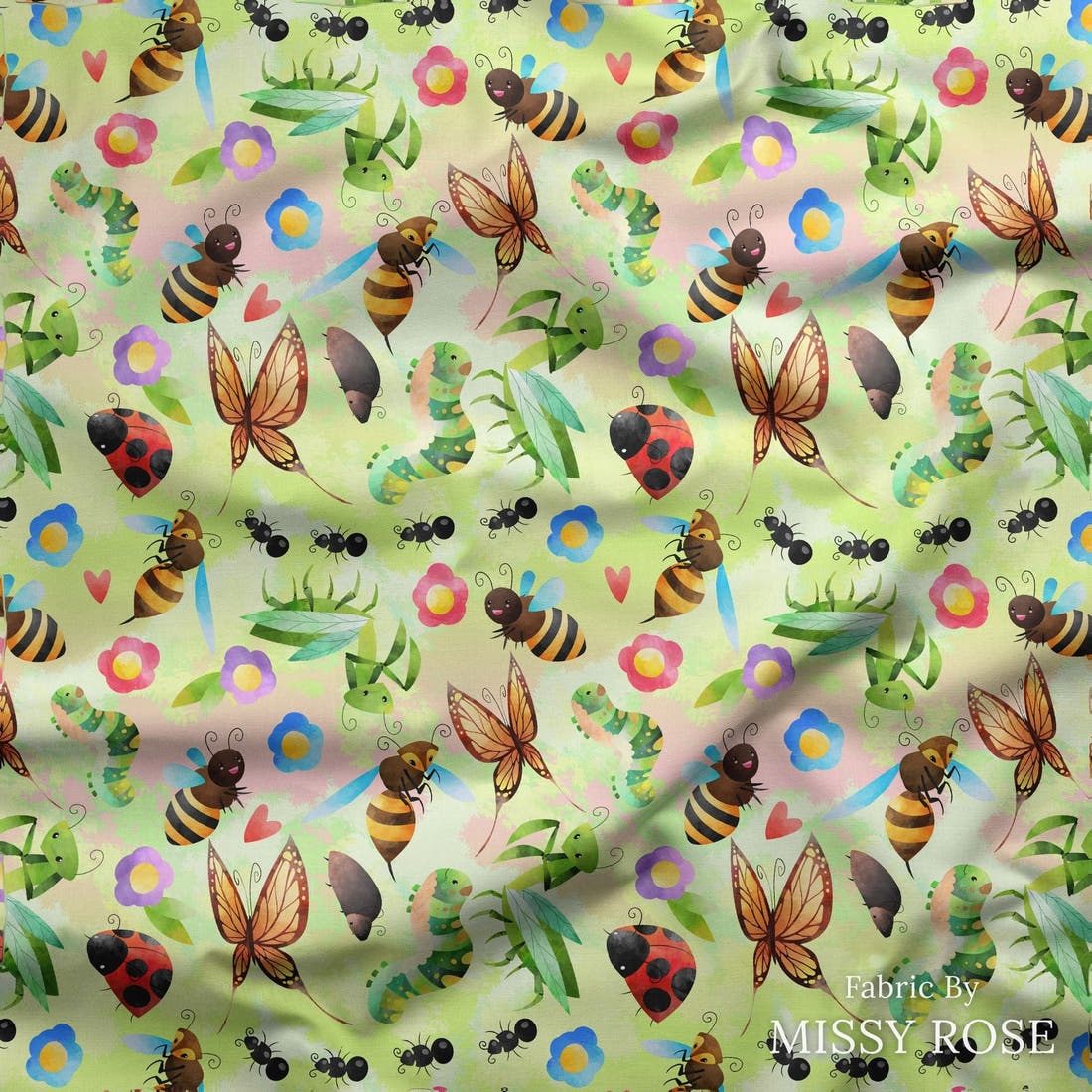 Design 190 Green Bugs Fabric draped fabric mockup – custom printed fabric by the metre | Fabric by Missy Rose
