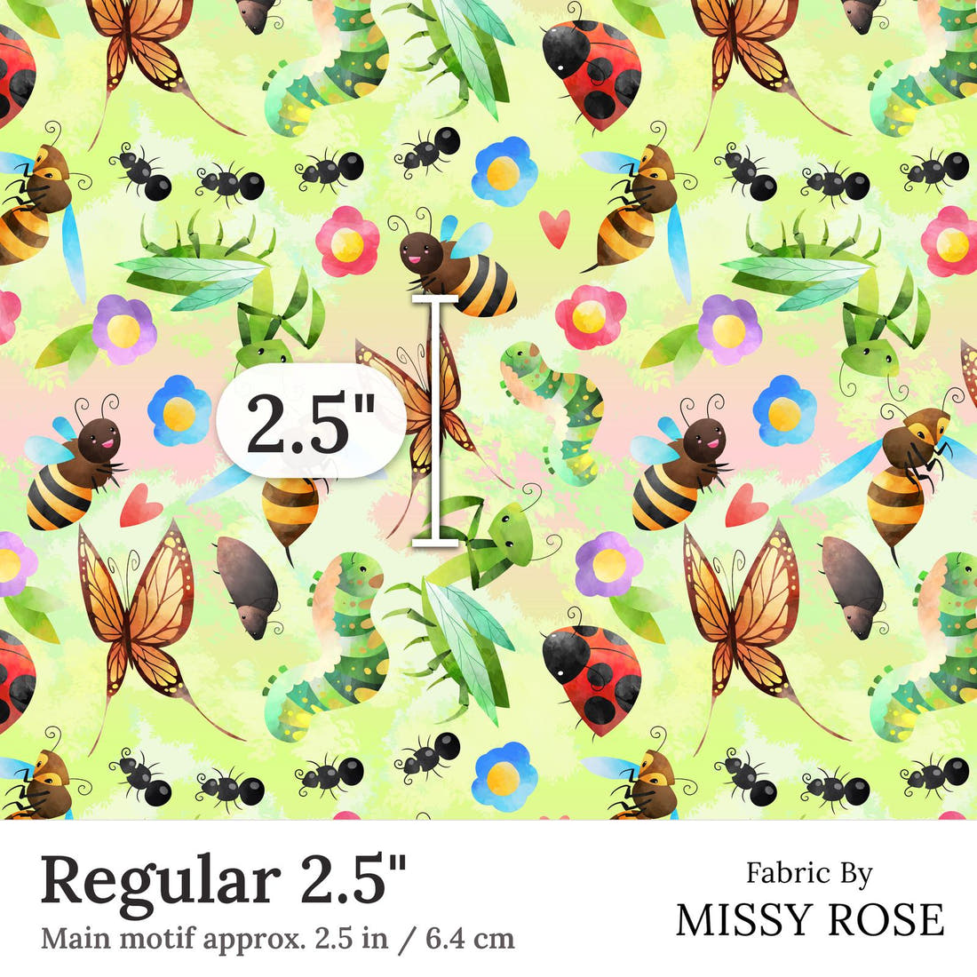 Design 190 Green Bugs Fabric Regular 2.5 inch print scale guide | Fabric by Missy Rose