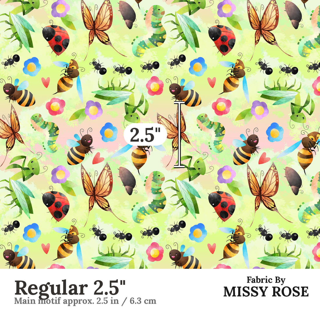 Design 190 Green Bugs Fabric Regular 2.5" - print scale | Fabric by Missy Rose