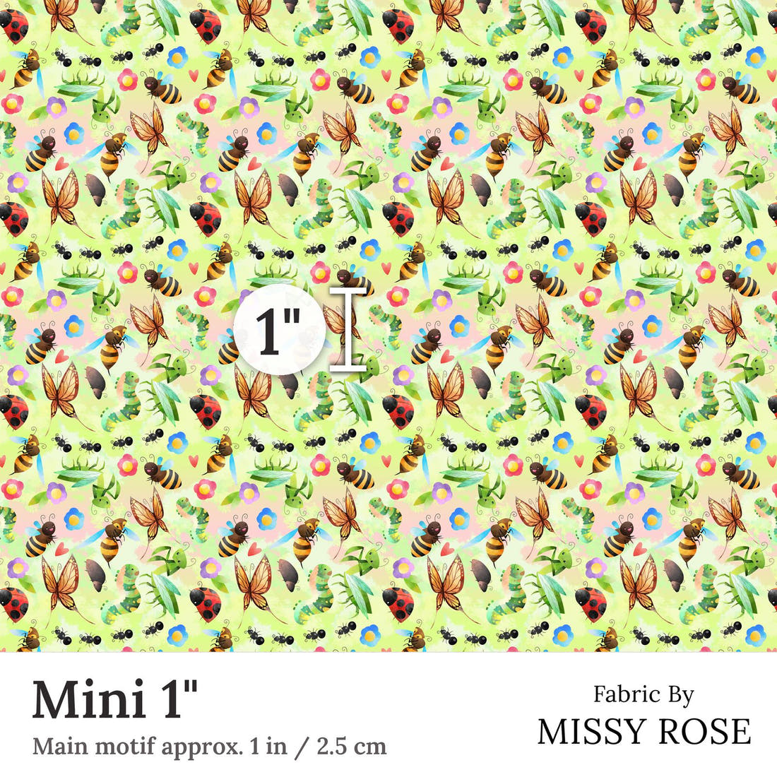 Design 190 Green Bugs Fabric Mini 1 inch print scale guide | Fabric by Missy Rose