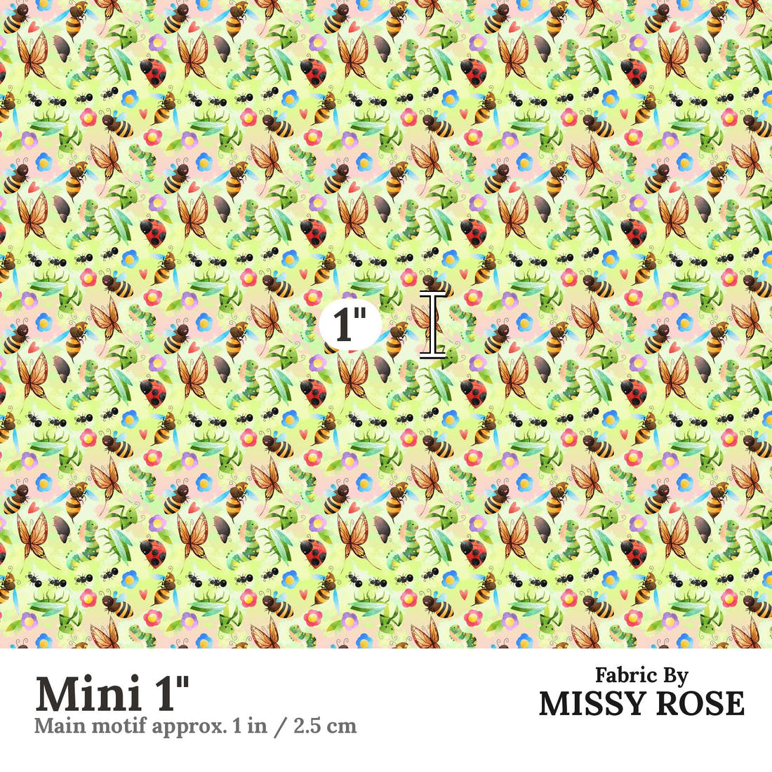 Design 190 Green Bugs Fabric Mini 1" - print scale | Fabric by Missy Rose