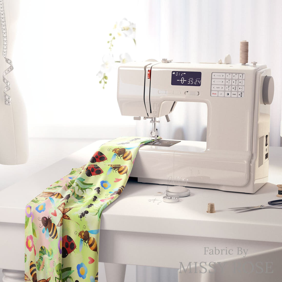 Design 190 Green Bugs Fabric on a sewing machine – premium fabric for sewing projects | Fabric by Missy Rose