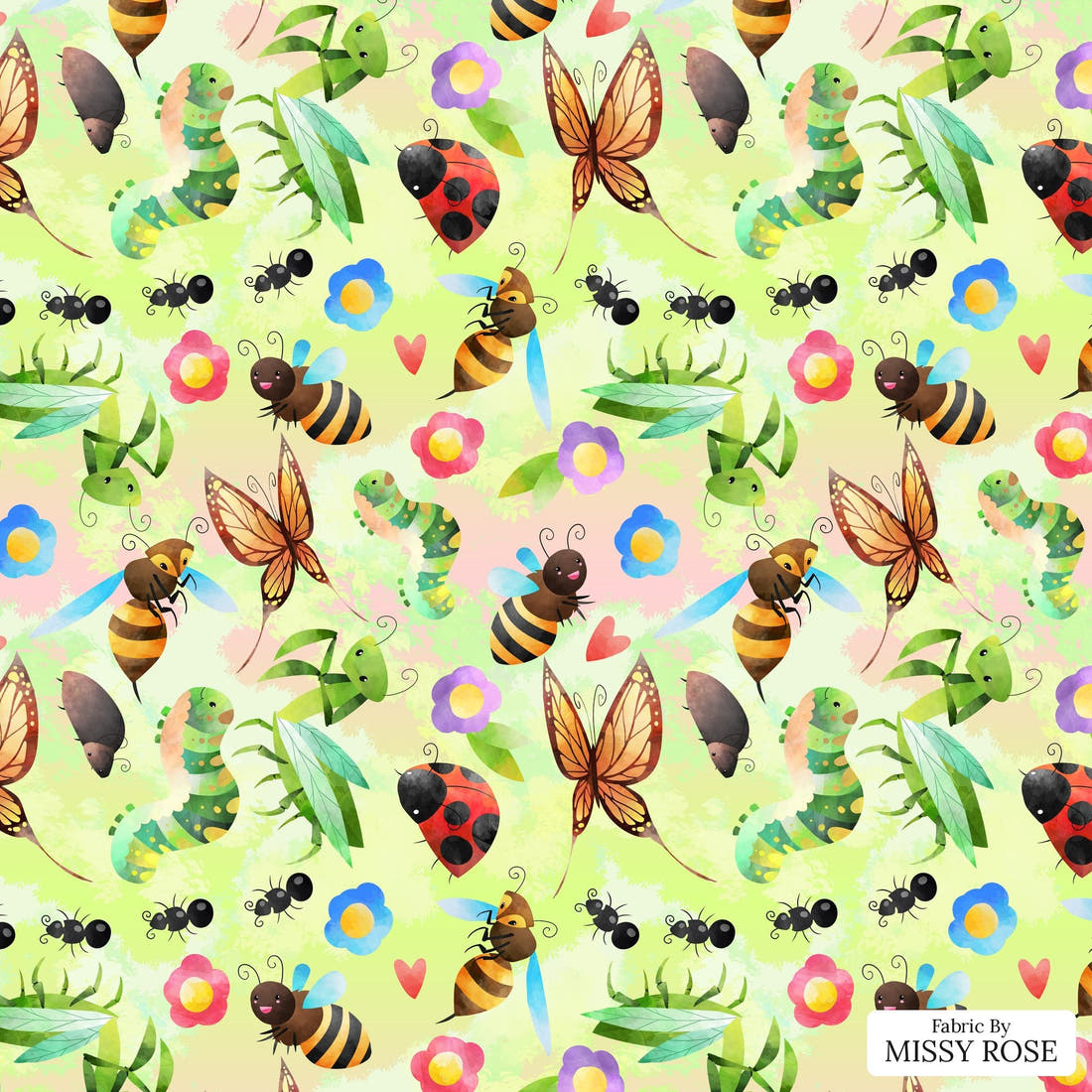 Design 190 Green Bugs Fabric - flat view of the print, zoom in for detail | Fabric by Missy Rose