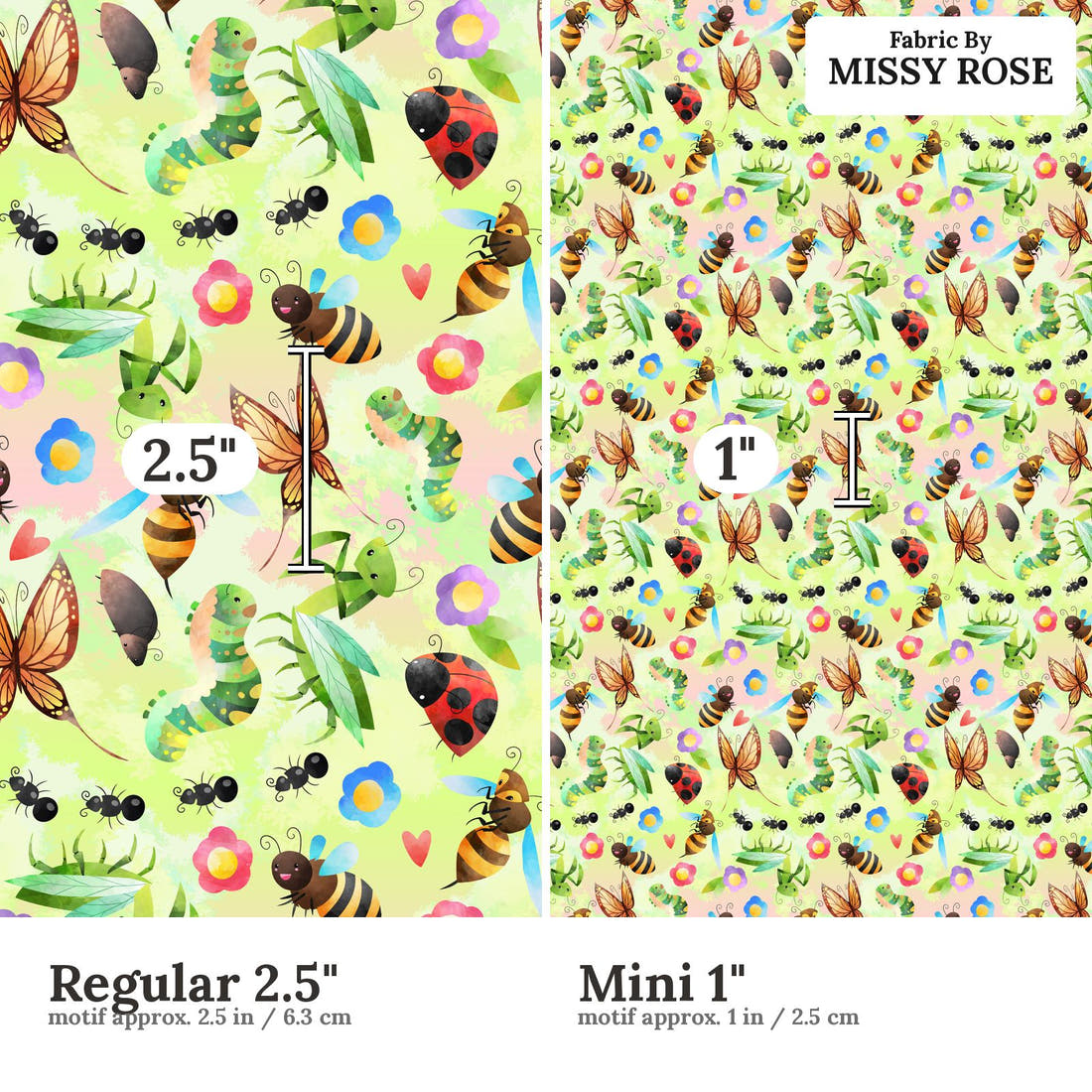 Design 190 Green Bugs Fabric size comparison - print scale | Fabric by Missy Rose