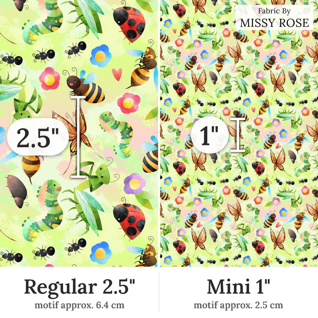 Design 190 Green Bugs Fabric Regular 2.5 inch vs Mini 1 inch print scale side by side | Fabric by Missy Rose