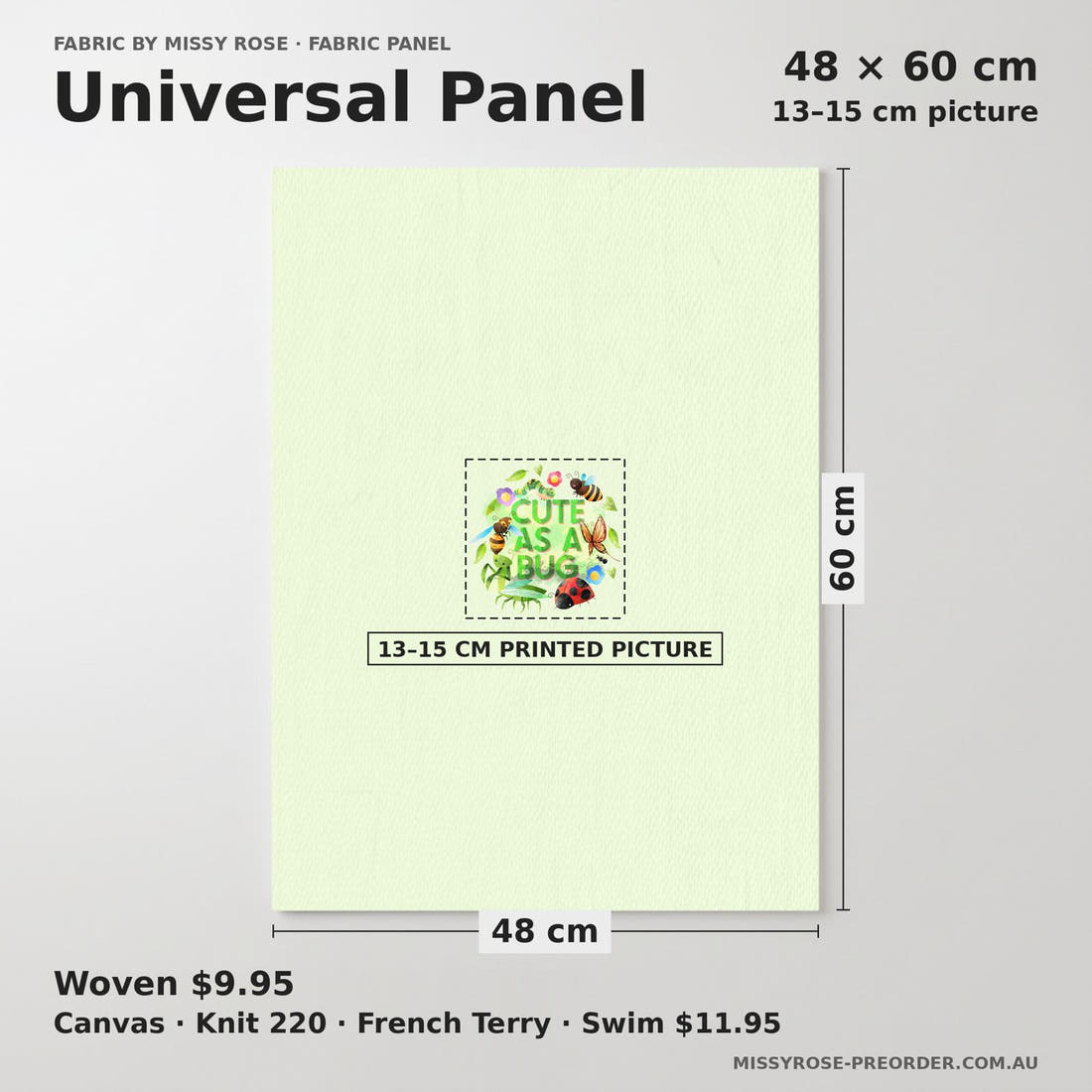 Design 190 Green Bugs Panel universal panel sizing – 13–15 cm printed picture on 48 × 60 cm fabric | Fabric by Missy Rose