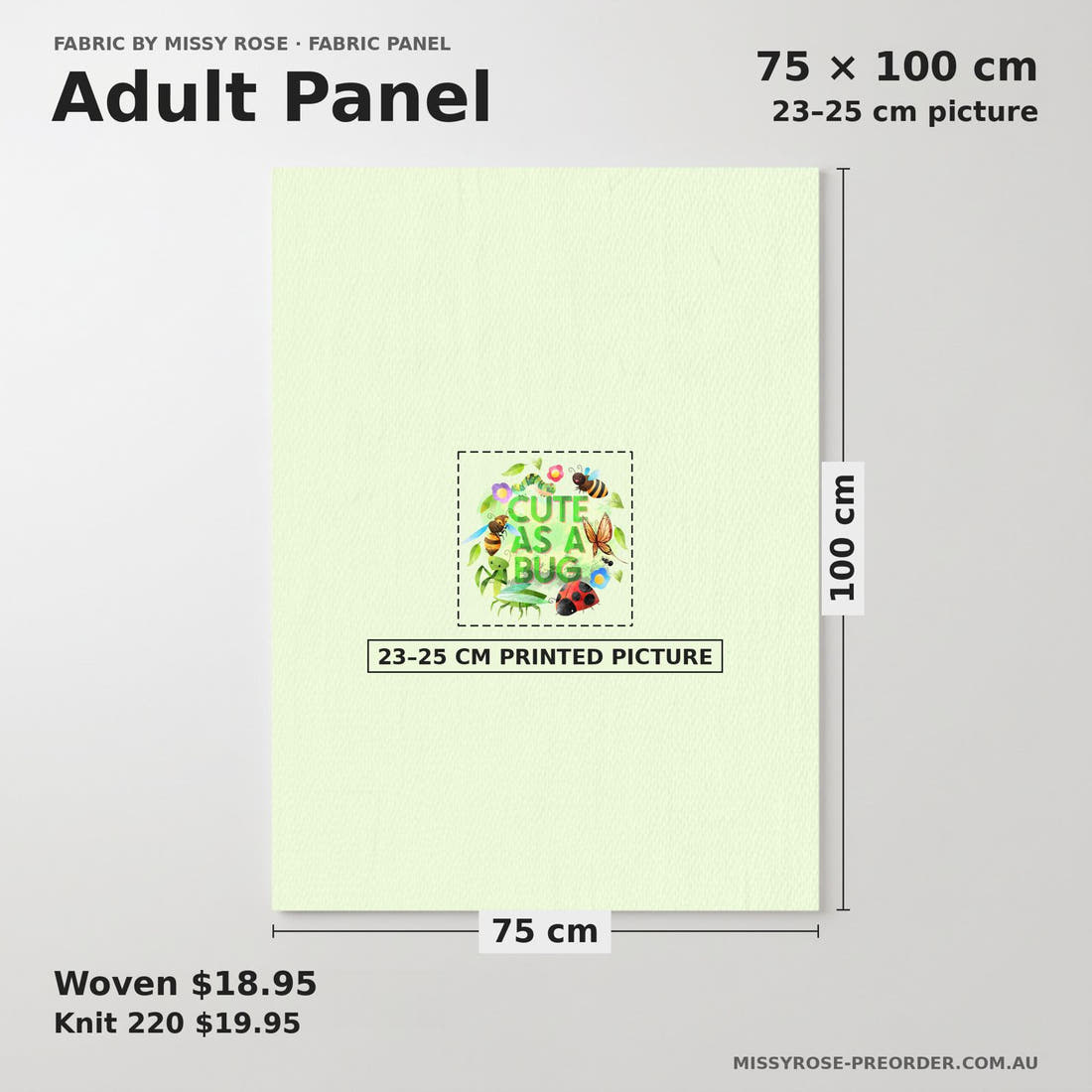 Design 190 Green Bugs Panel adult panel sizing – 23–25 cm printed picture on 75 × 100 cm fabric | Fabric by Missy Rose