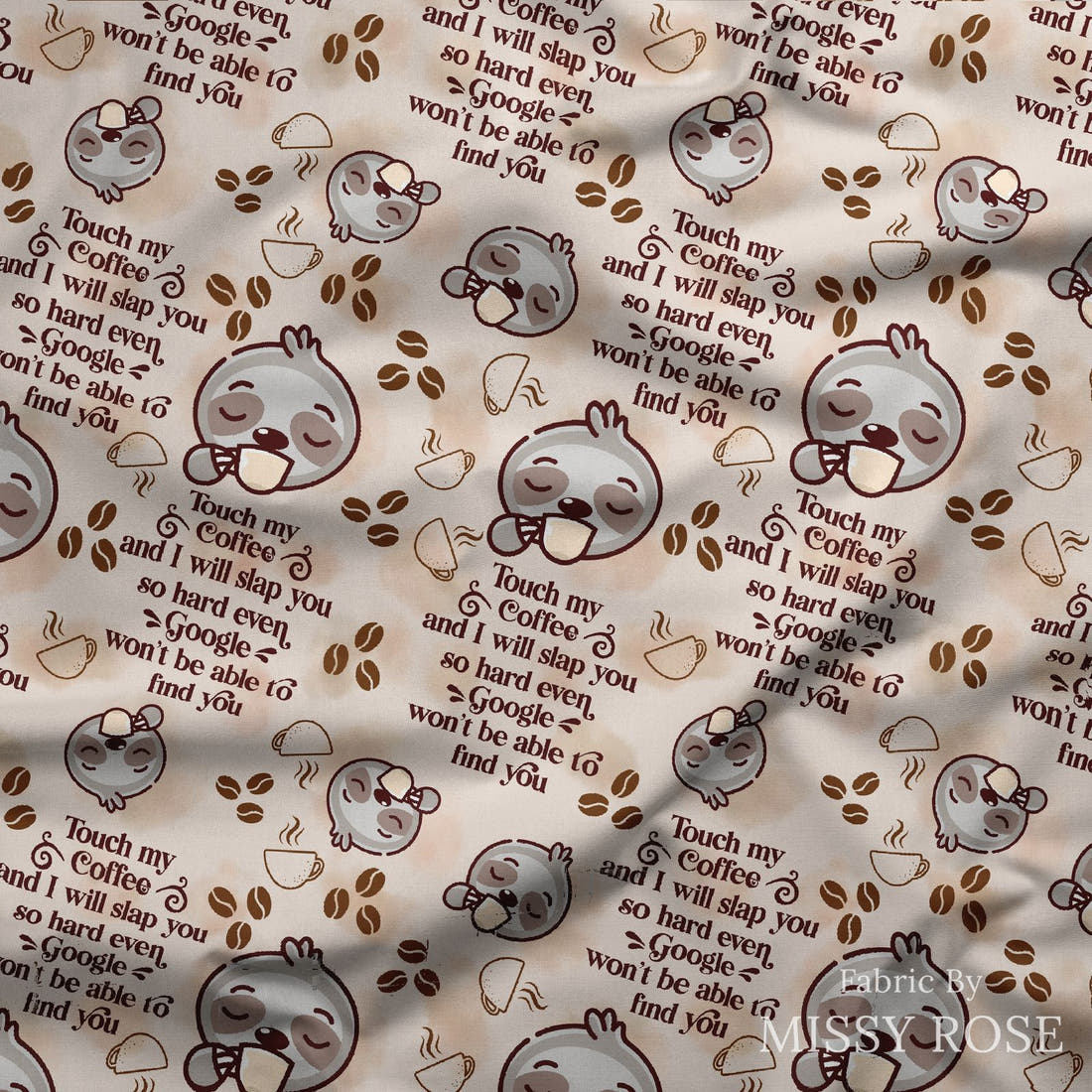 Design 191 Coffee Fabric draped fabric mockup – custom printed fabric by the metre | Fabric by Missy Rose
