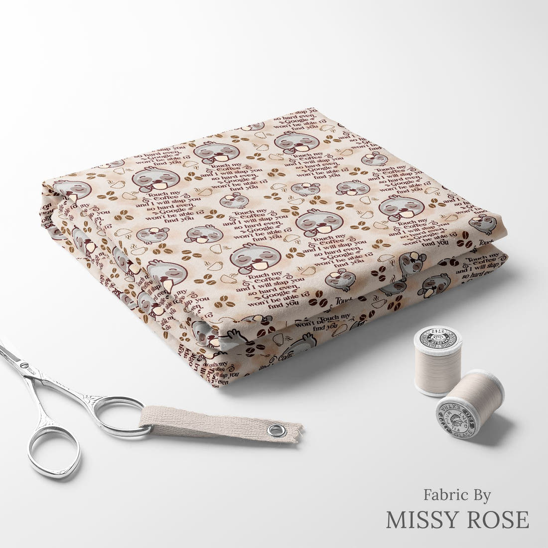 Design 191 Coffee Fabric folded fabric stack with matching thread – pre-order fabric Australia | Fabric by Missy Rose