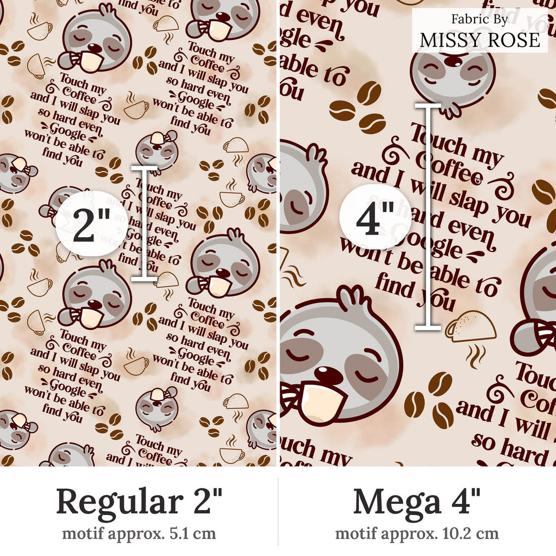 Design 191 Coffee Fabric Regular 2 inch vs Mega 4 inch print scale side by side | Fabric by Missy Rose