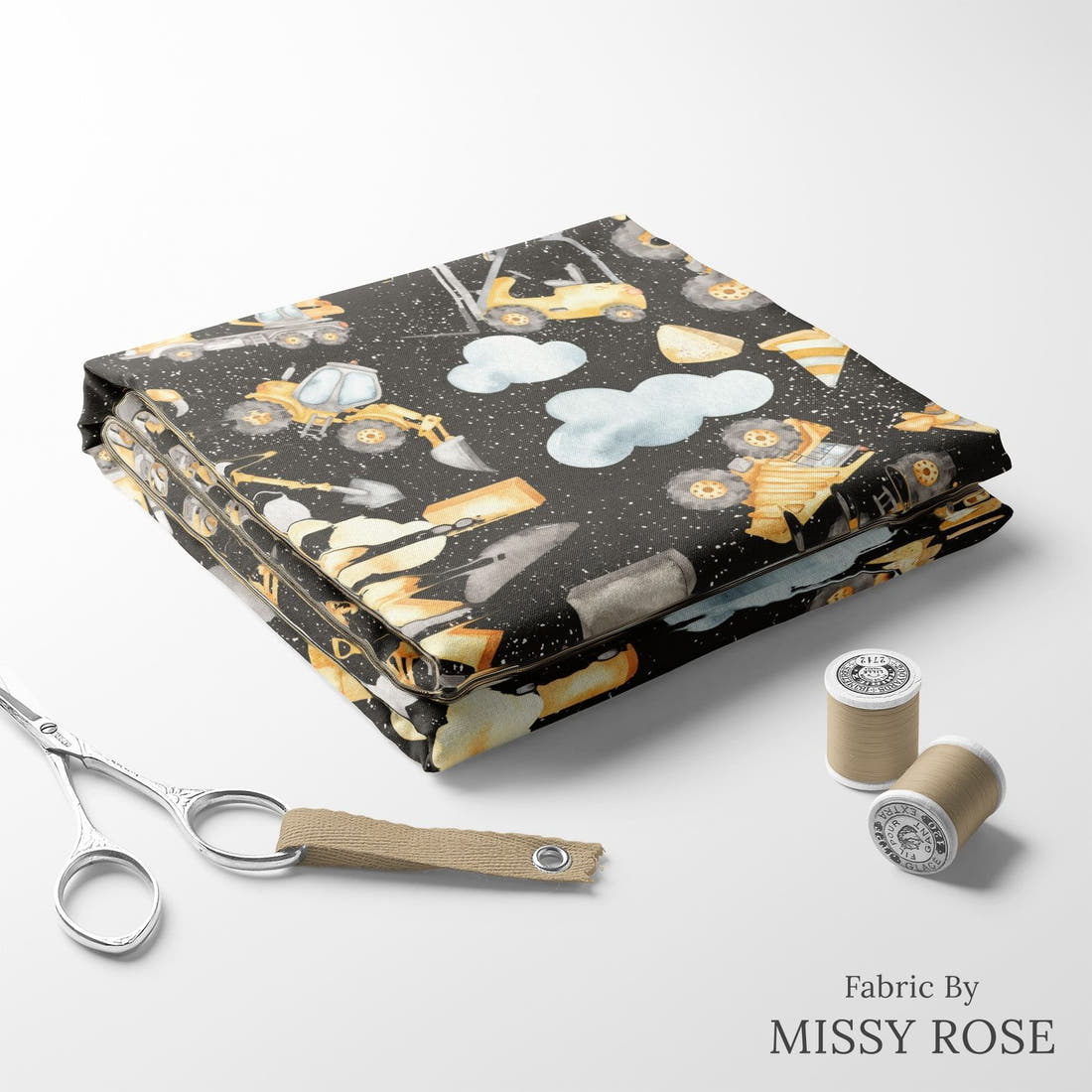 Design 192 Black Construction Fabric folded fabric stack with matching thread – pre-order fabric Australia | Fabric by Missy Rose