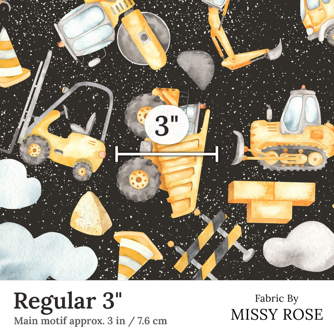Design 192 Black Construction Fabric Regular 3 inch print scale guide | Fabric by Missy Rose