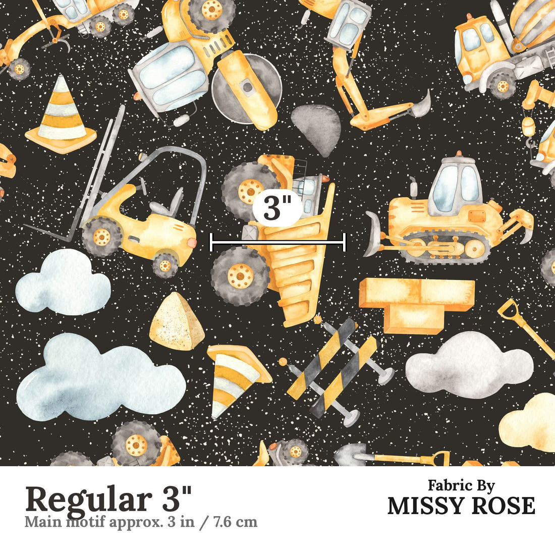 Design 192 Black Construction Fabric Regular 3" - print scale | Fabric by Missy Rose