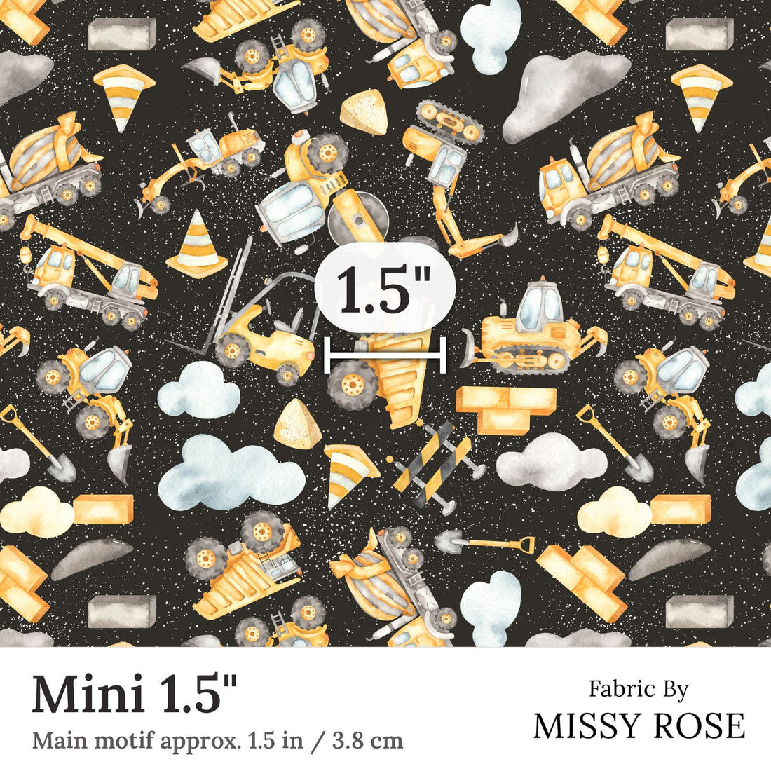 Design 192 Black Construction Fabric Mini 1.5 inch print scale guide | Fabric by Missy Rose