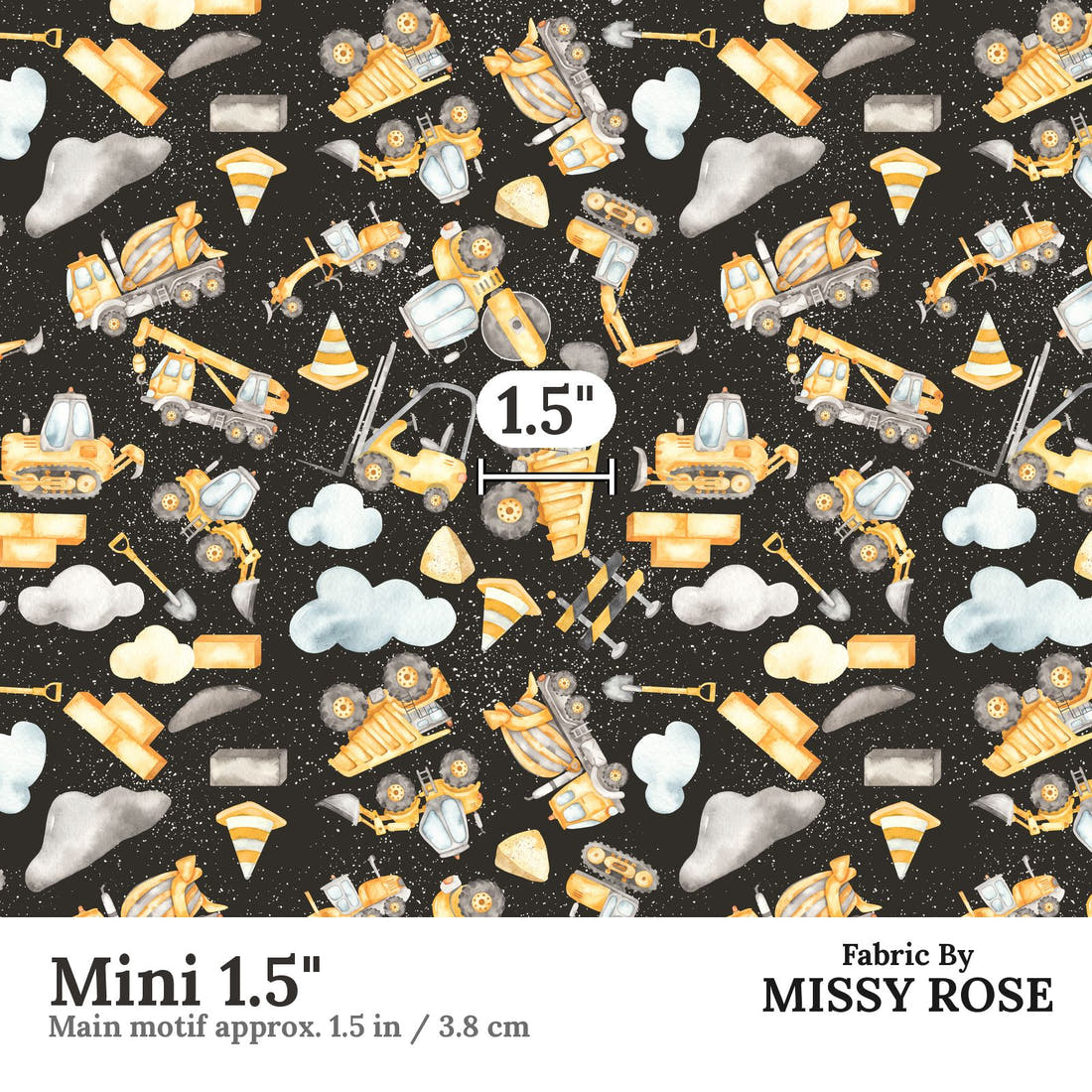 Design 192 Black Construction Fabric Mini 1.5" - print scale | Fabric by Missy Rose