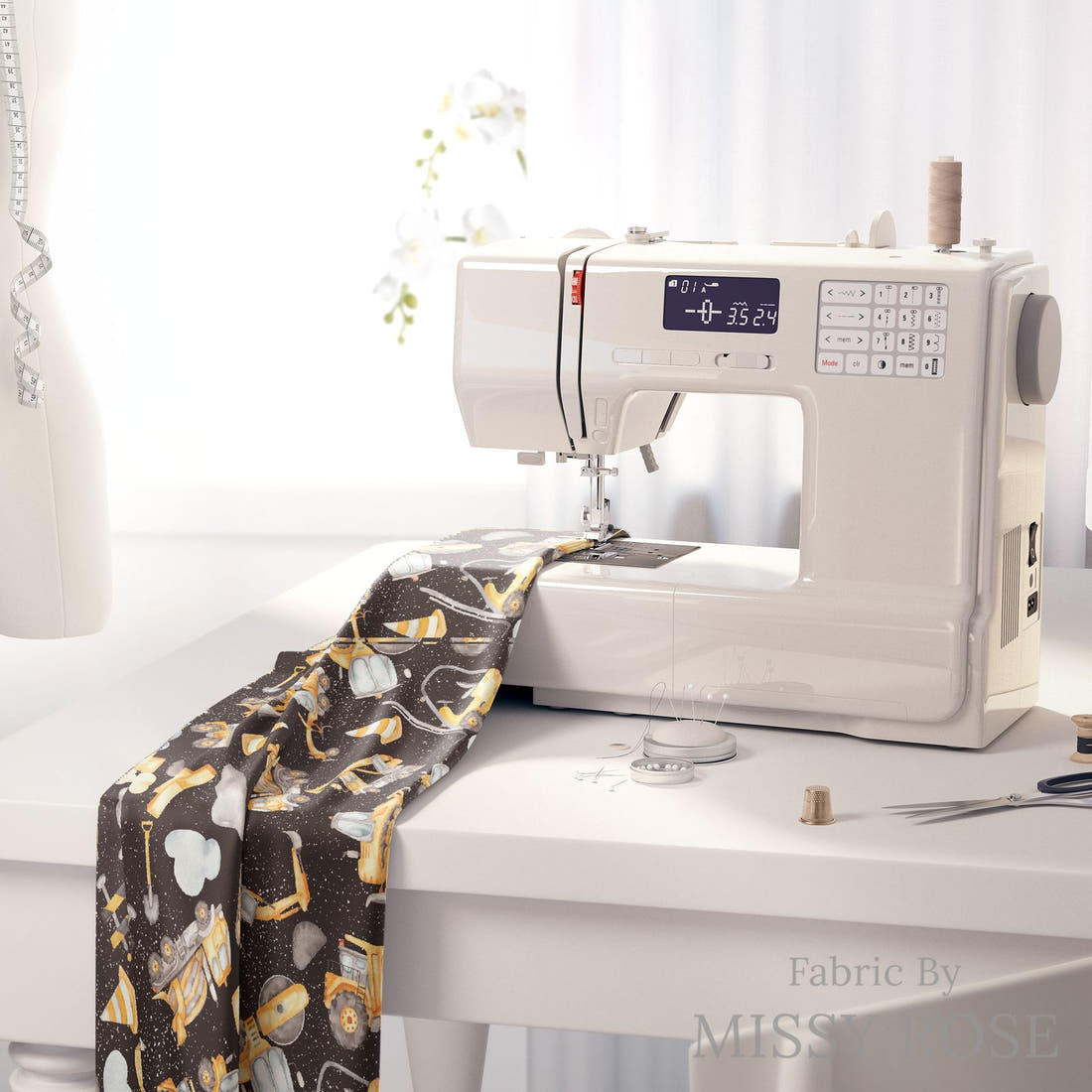 Design 192 Black Construction Fabric on a sewing machine – premium fabric for sewing projects | Fabric by Missy Rose