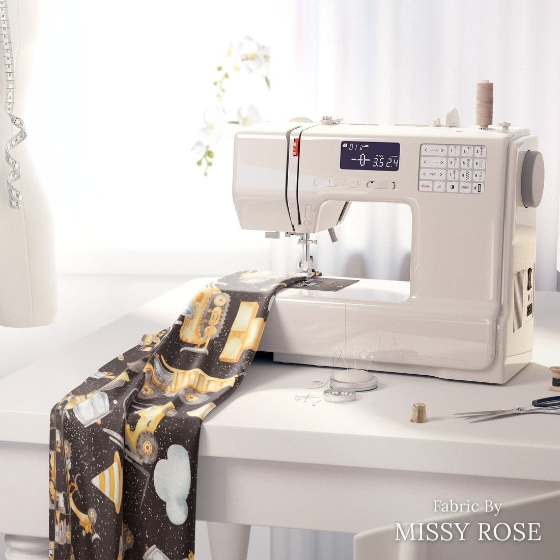 Design 192 Black Construction Fabric on a sewing machine – premium fabric for sewing projects | Fabric by Missy Rose