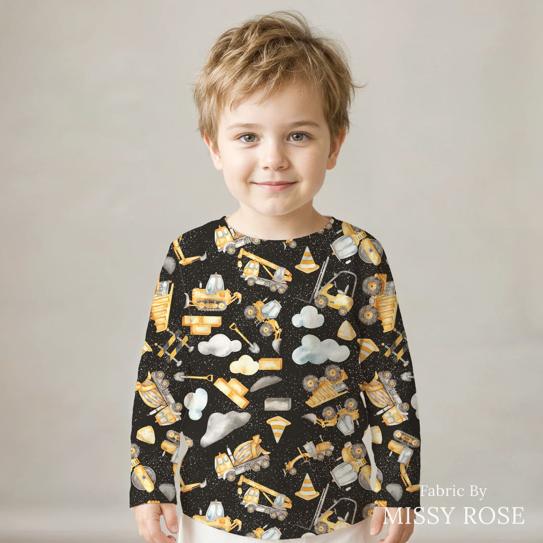 Design 192 Black Construction Fabric sewn into a kids' long sleeve top – see how the print looks made up | Fabric by Missy Rose