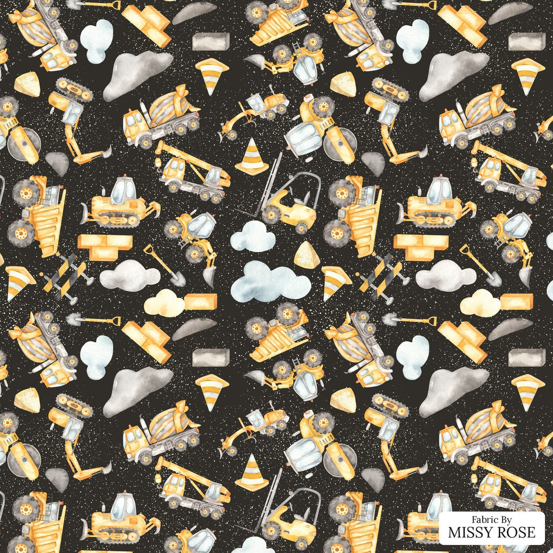 Design 192 Black Construction Fabric - flat view of the print, zoom in for detail | Fabric by Missy Rose
